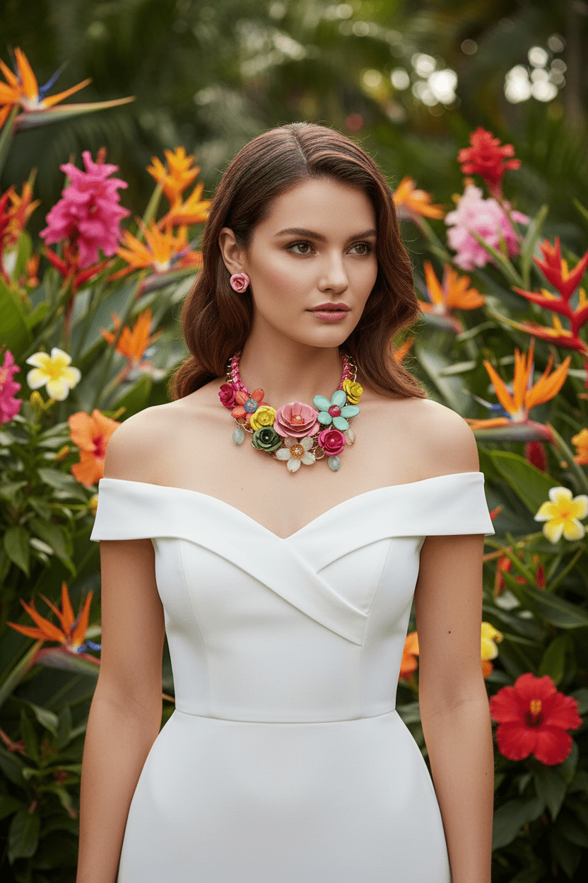 Bright Rose Chunky Floral Collar Necklace and Earring Set - Reed House of Jewels