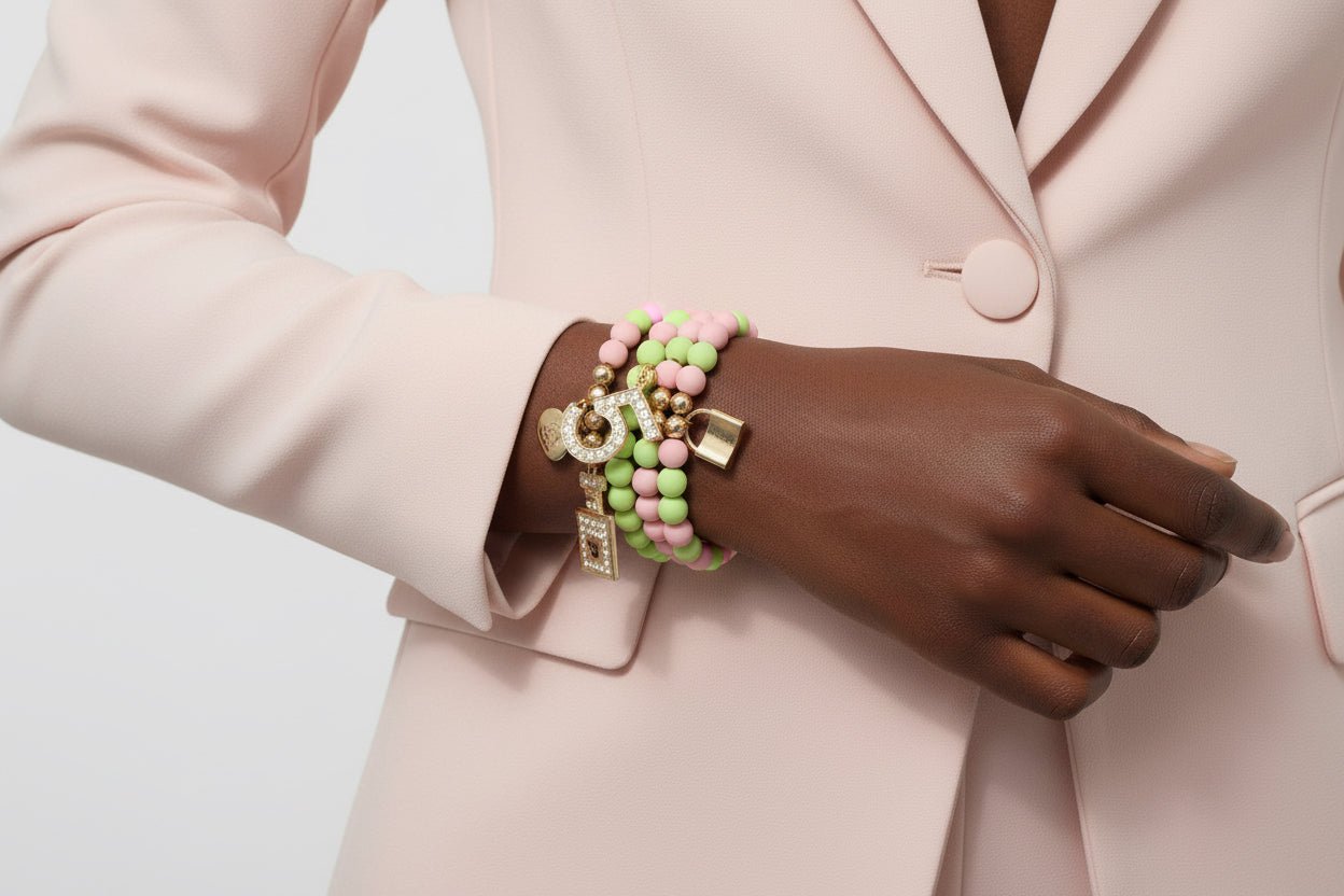 Matte Pink and Green Boutique Charm Bracelet Stack - 5pc - Reed House of Jewels