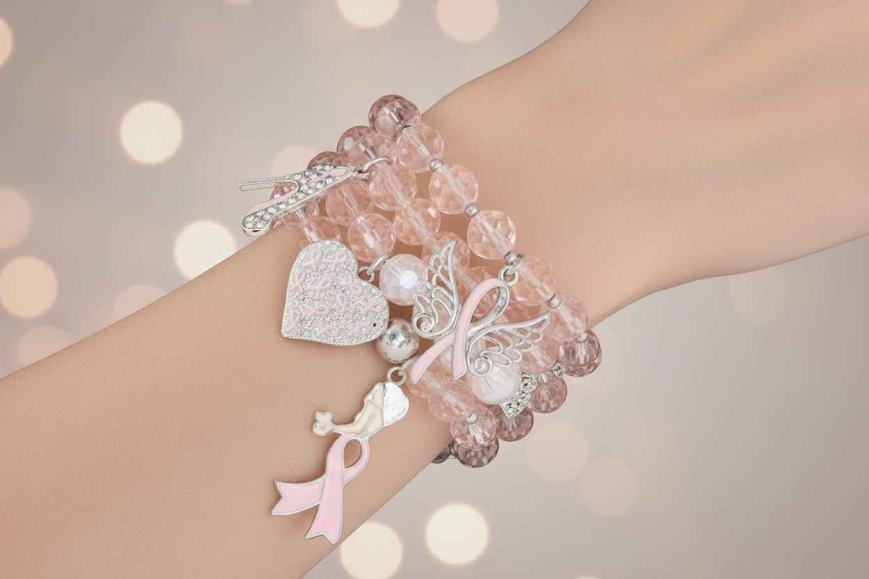 Light Pink Beaded 4 pcs Cancer Charm Bracelet Stack - Reed House of Jewels
