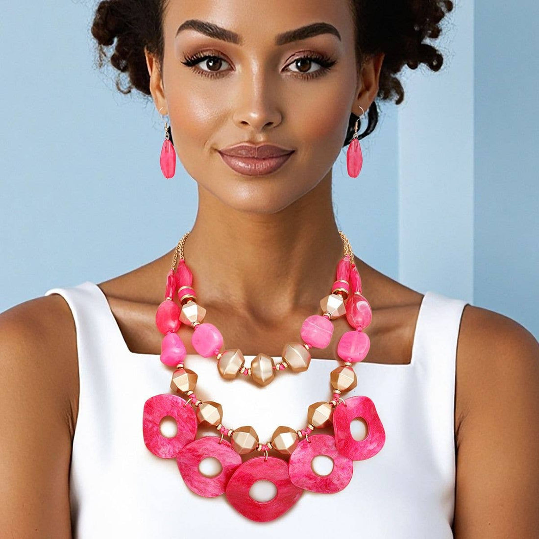 Fuchsia and Gold Tone DiscLayered Necklace - Reed House of Jewels