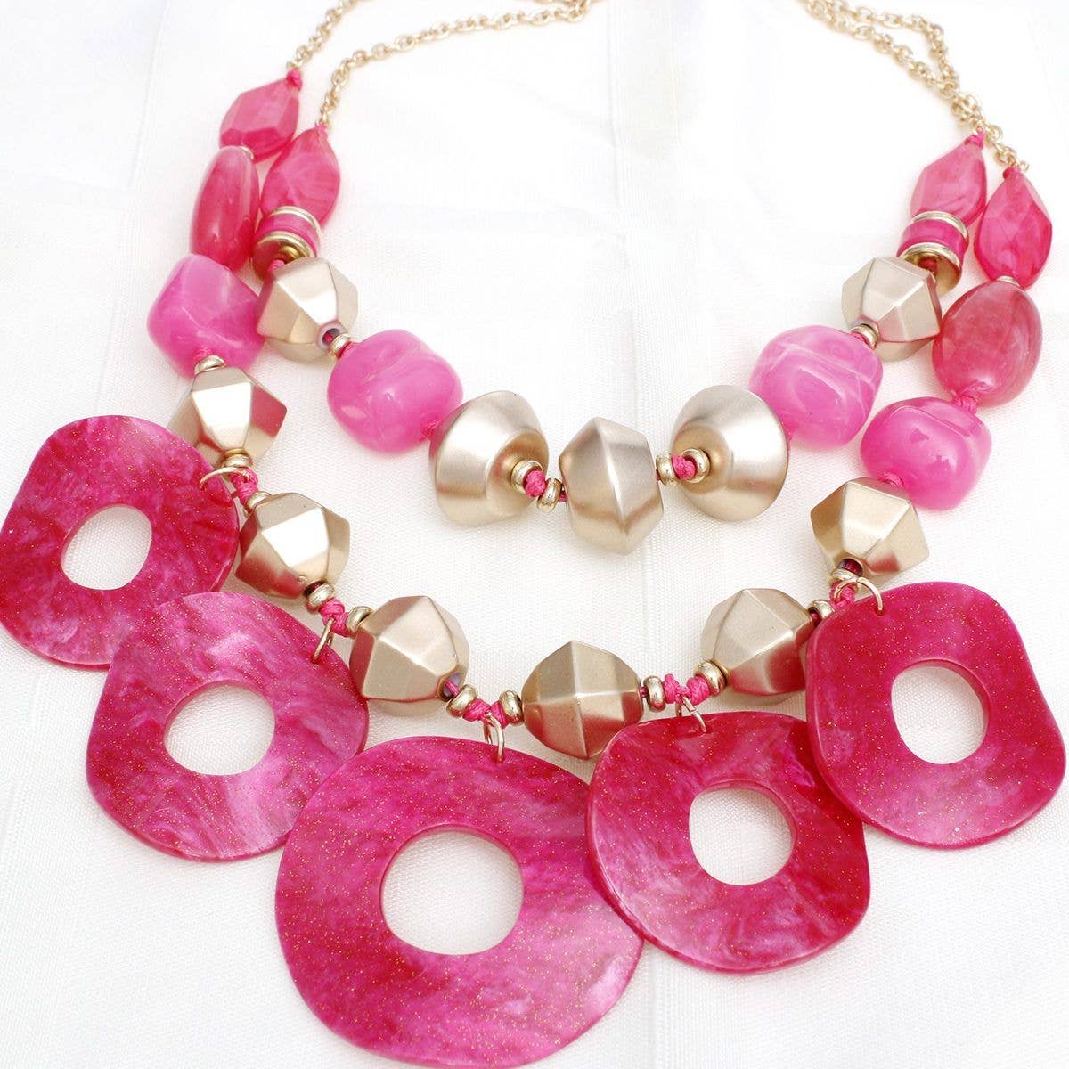 Fuchsia and Gold Tone DiscLayered Necklace - Reed House of Jewels