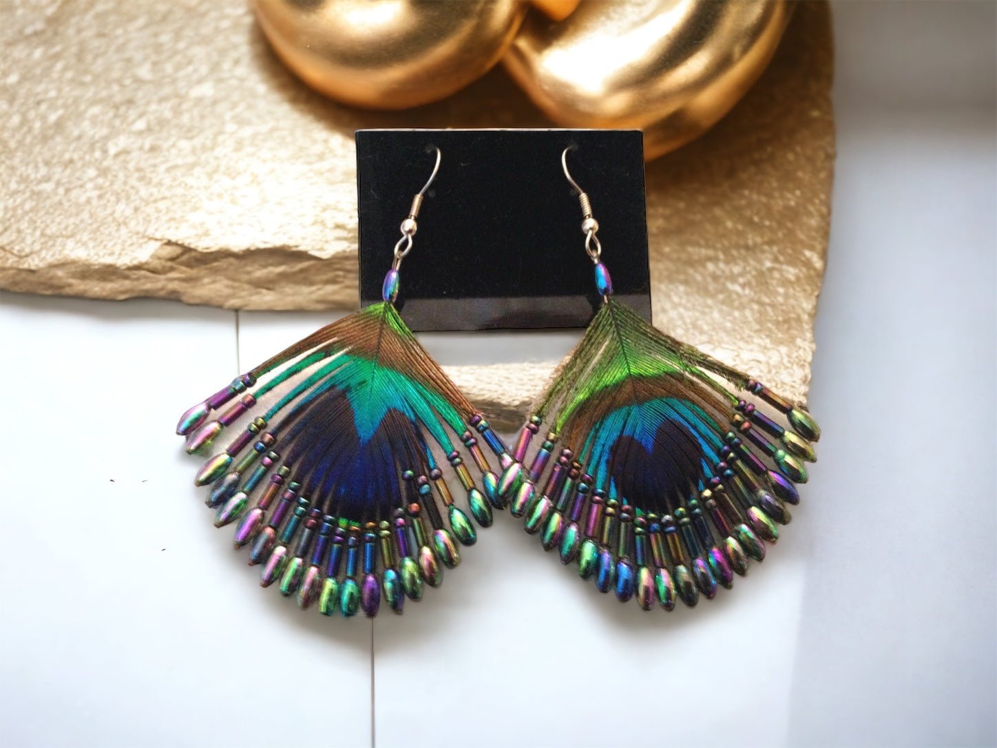 Peacock Feather Borealis Beaded Earrings - Aurora - Reed House of Jewels
