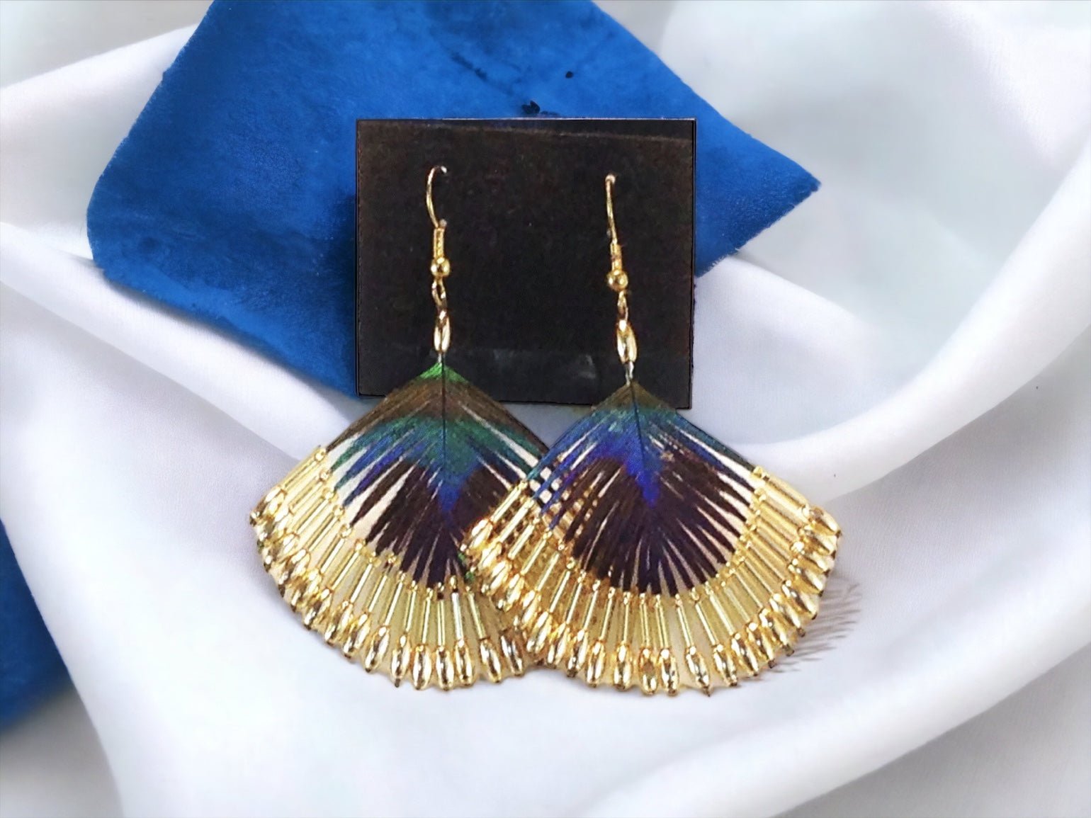 Peacock Feather Borealis Beaded Earrings - Gold - Reed House of Jewels