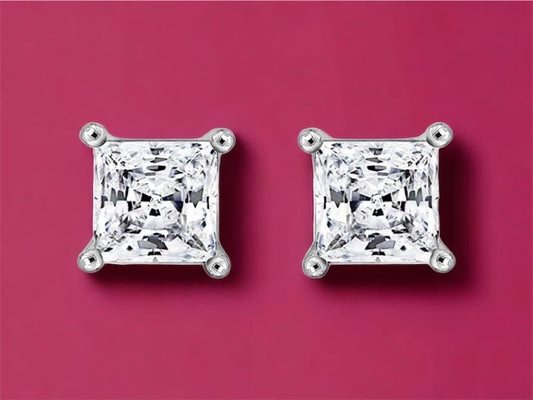 Solitaire Princess CZ Stud Rhodium plated Sterling Silver Earrings - Reed House of Jewels