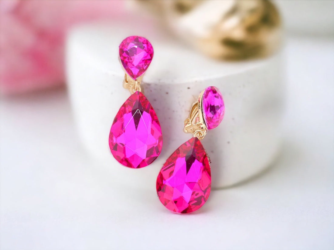 Fuchsia/Hot Pink Crystal Teardrop Earrings - Reed House of Jewels