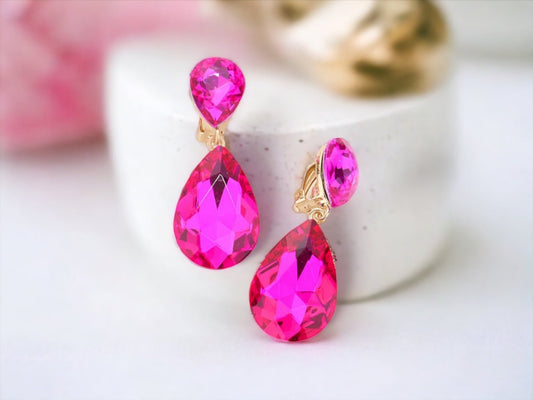 Fuchsia/Hot Pink Crystal Teardrop Earrings - Reed House of Jewels