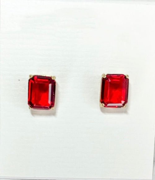 Gold - Tone Red Stone Square Stud Earrings - Reed House of Jewels