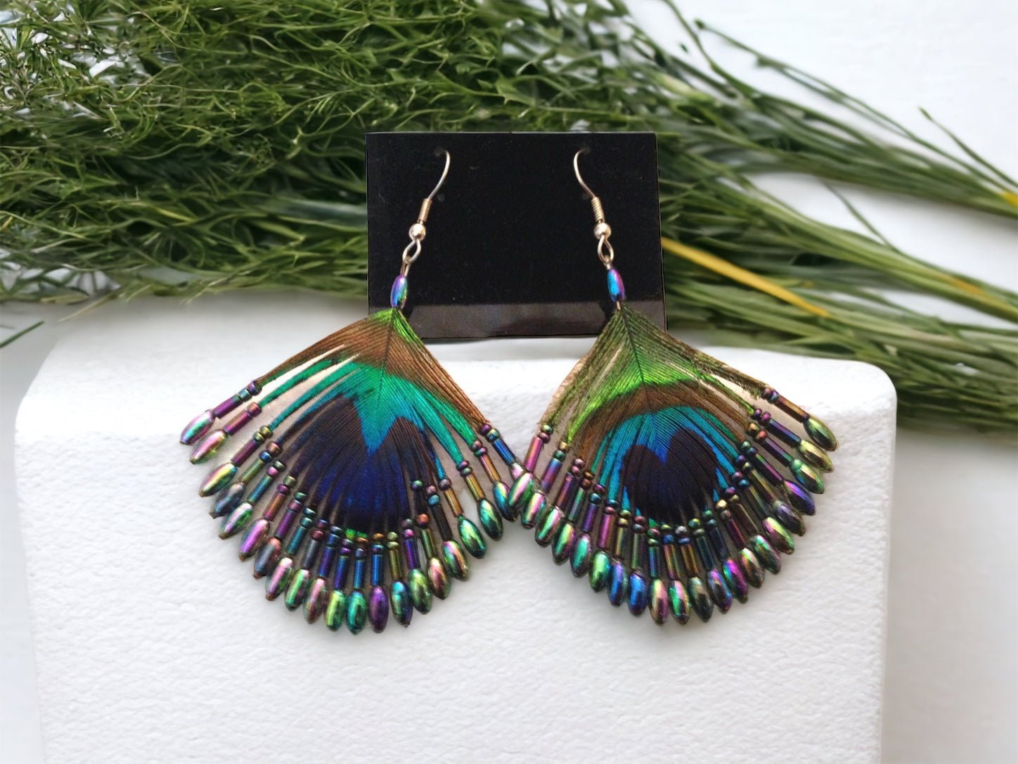 Peacock Feather Borealis Beaded Earrings - Aurora - Reed House of Jewels