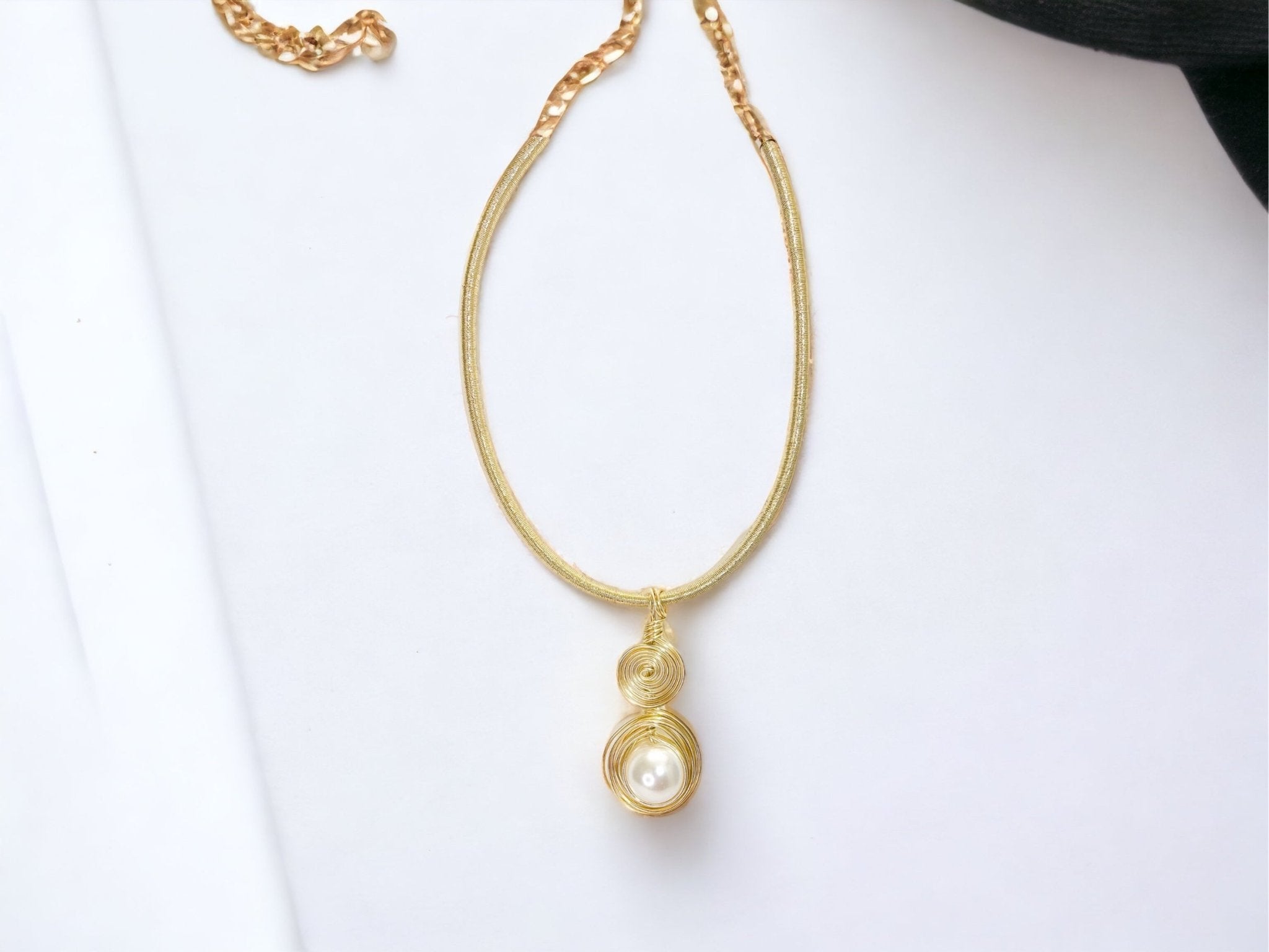 Gold Tone Wrapped Necklace with Gold and Faux Pearl Pendant - Reed House of Jewels