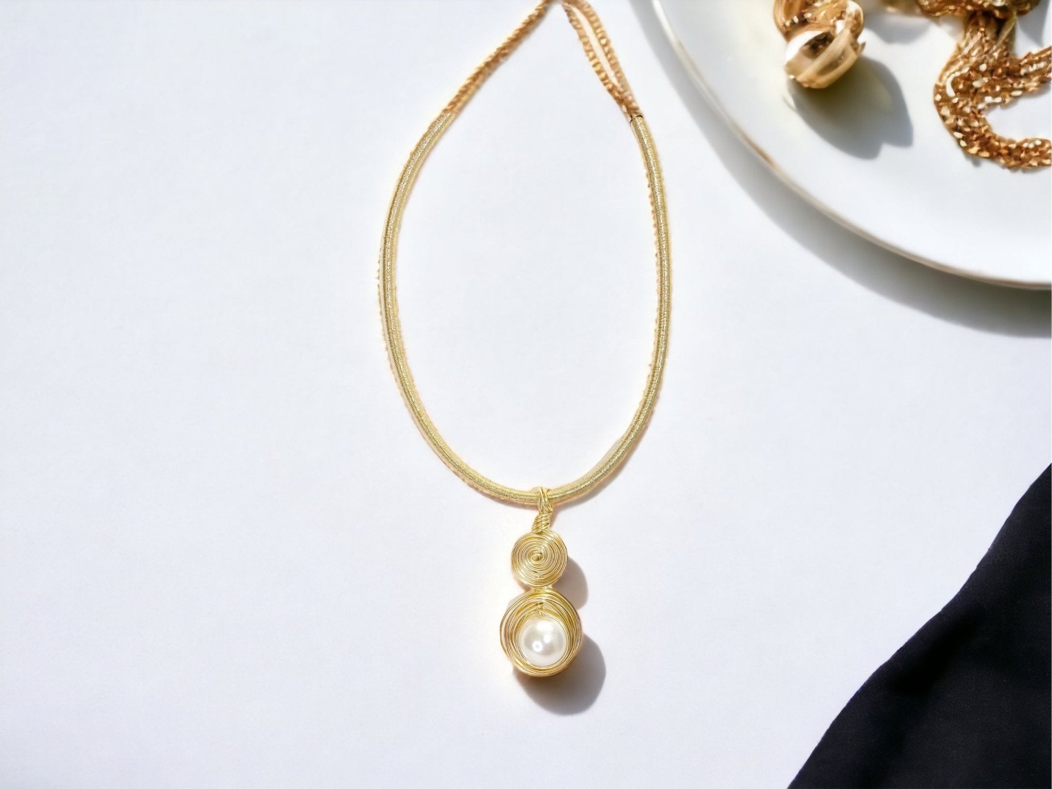 Gold Tone Wrapped Necklace with Gold and Faux Pearl Pendant - Reed House of Jewels