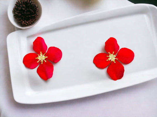 Red Crystal/Gold Tone Flower Blossom Earrings - Reed House of Jewels