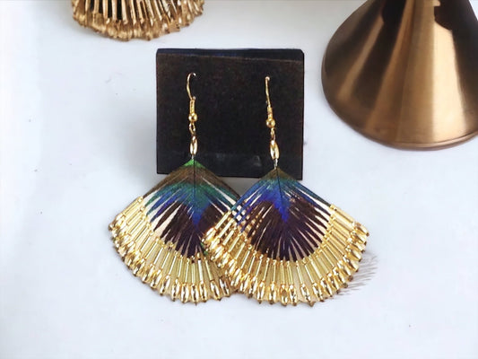 Peacock Feather Borealis Beaded Earrings-Gold