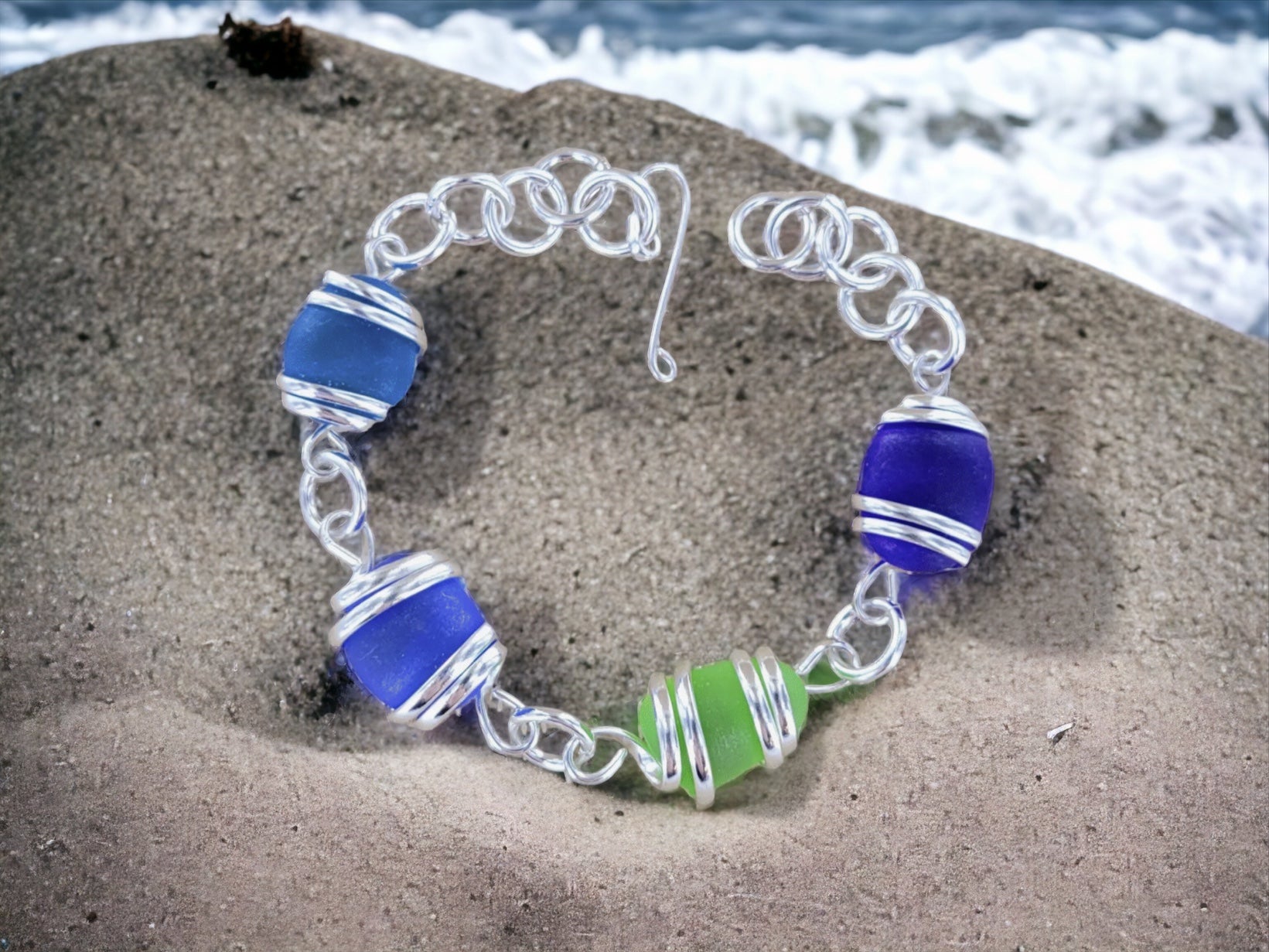 Cultured Sea Glass Linked Bracelet - Blue/Green Multi - Reed House of Jewels