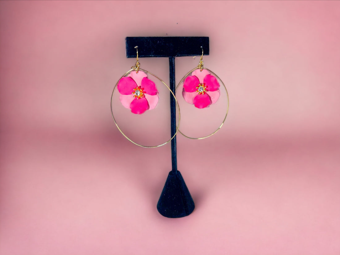 Pink Flower/LRG Gold Oval Earrings - Reed House of Jewels