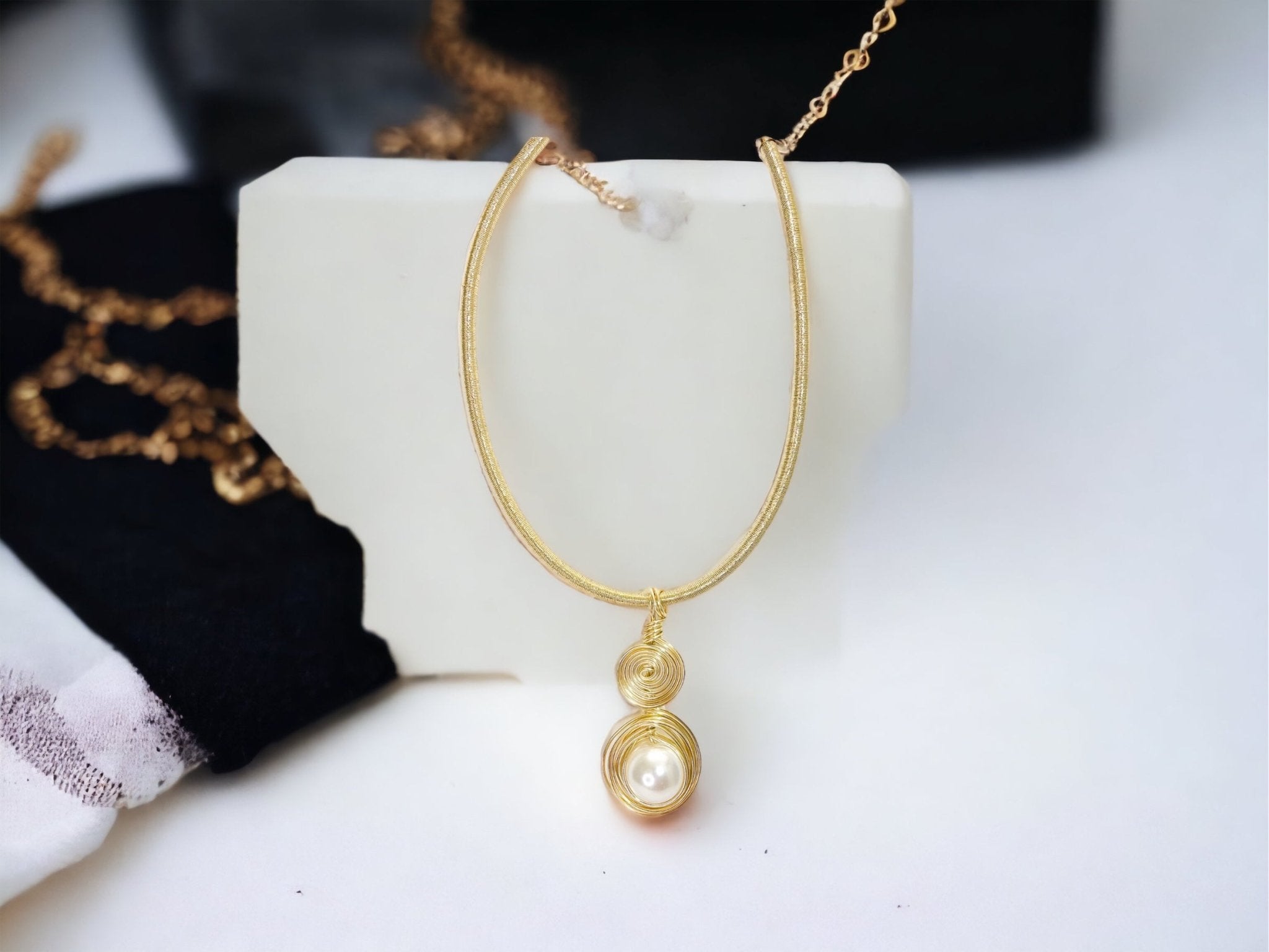 Gold Tone Wrapped Necklace with Gold and Faux Pearl Pendant - Reed House of Jewels