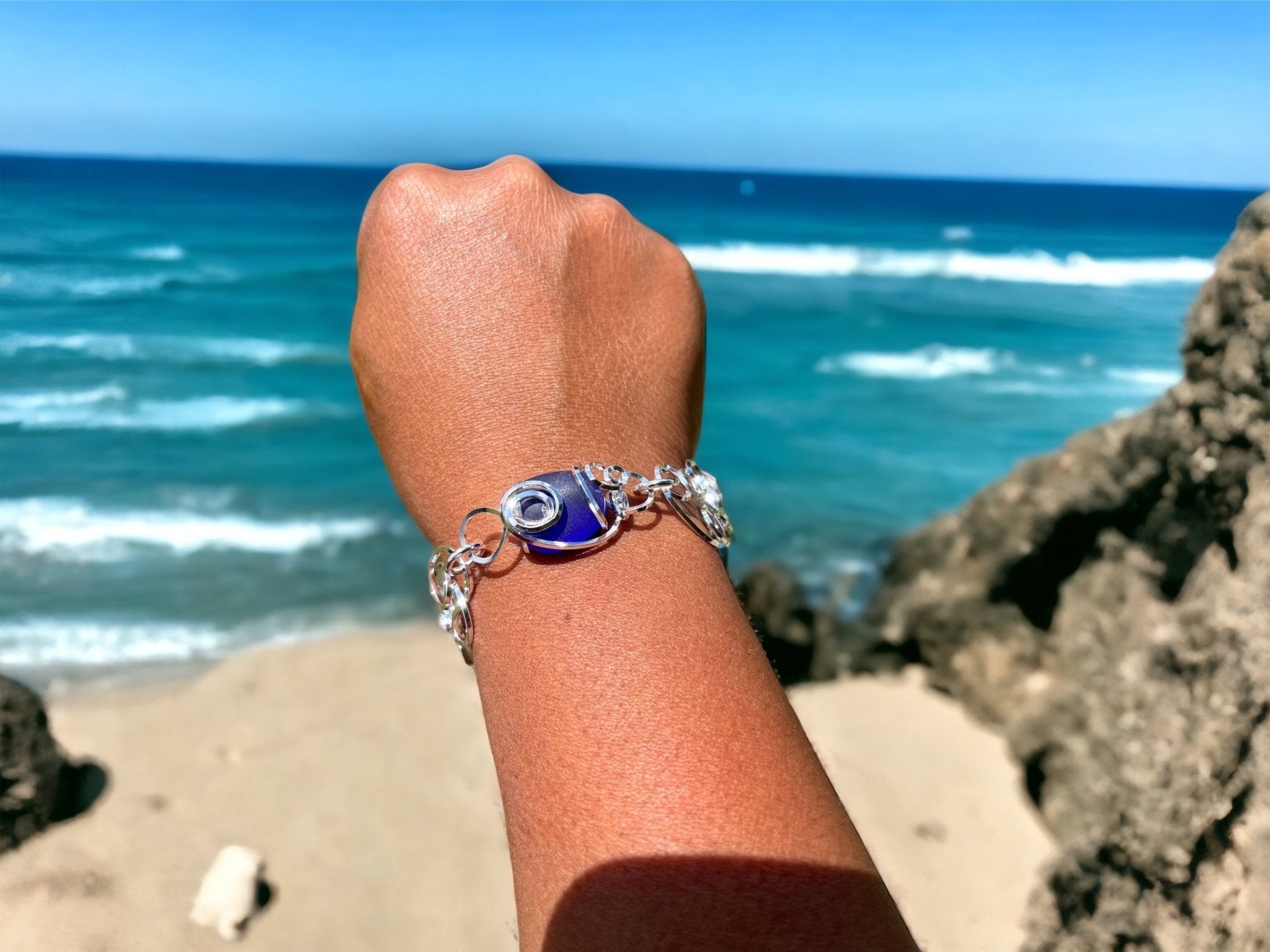 Cultured Sea Glass Linked Bracelet - Cobalt Blue - Reed House of Jewels