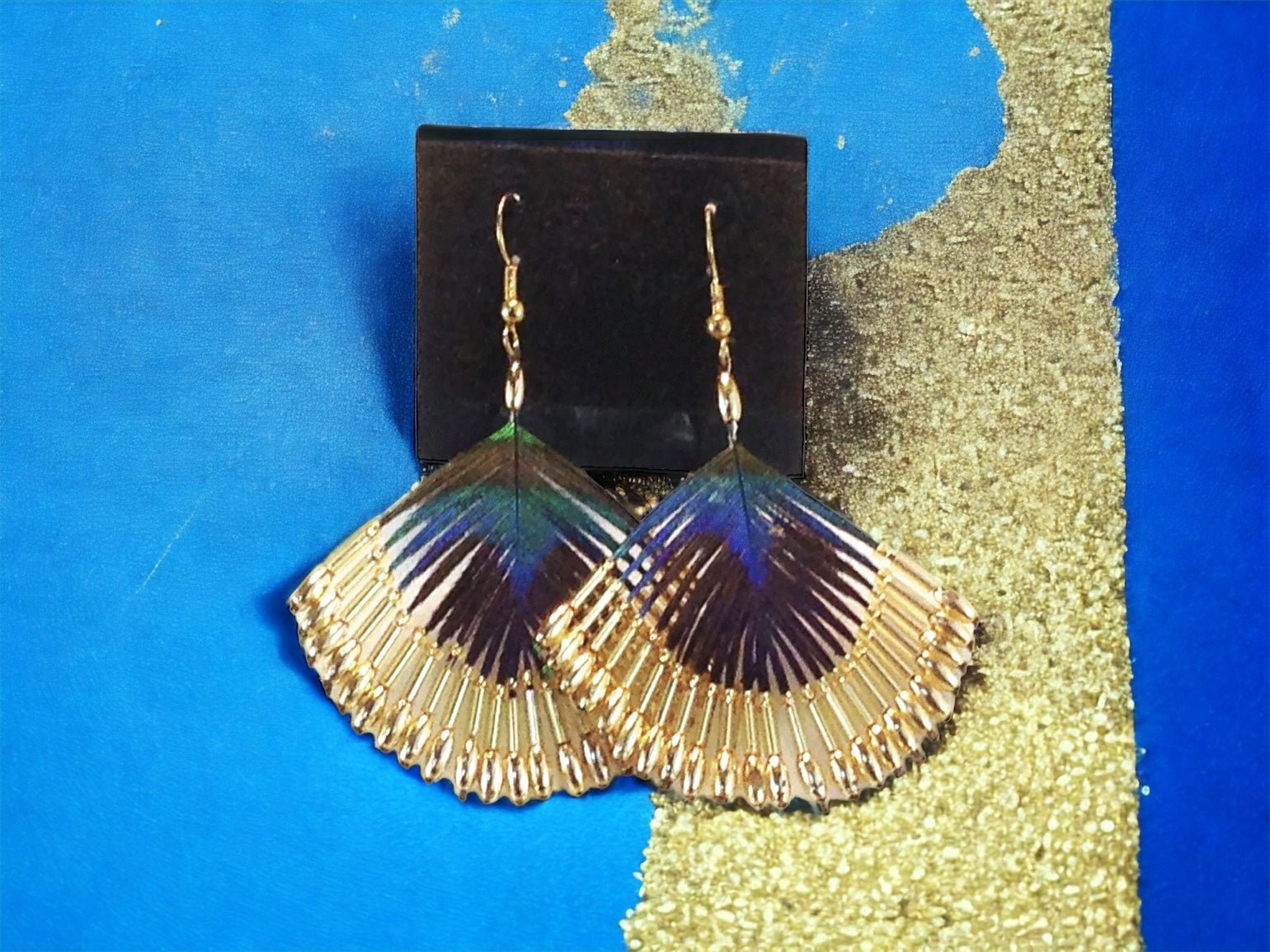 Peacock Feather Borealis Beaded Earrings - Gold - Reed House of Jewels