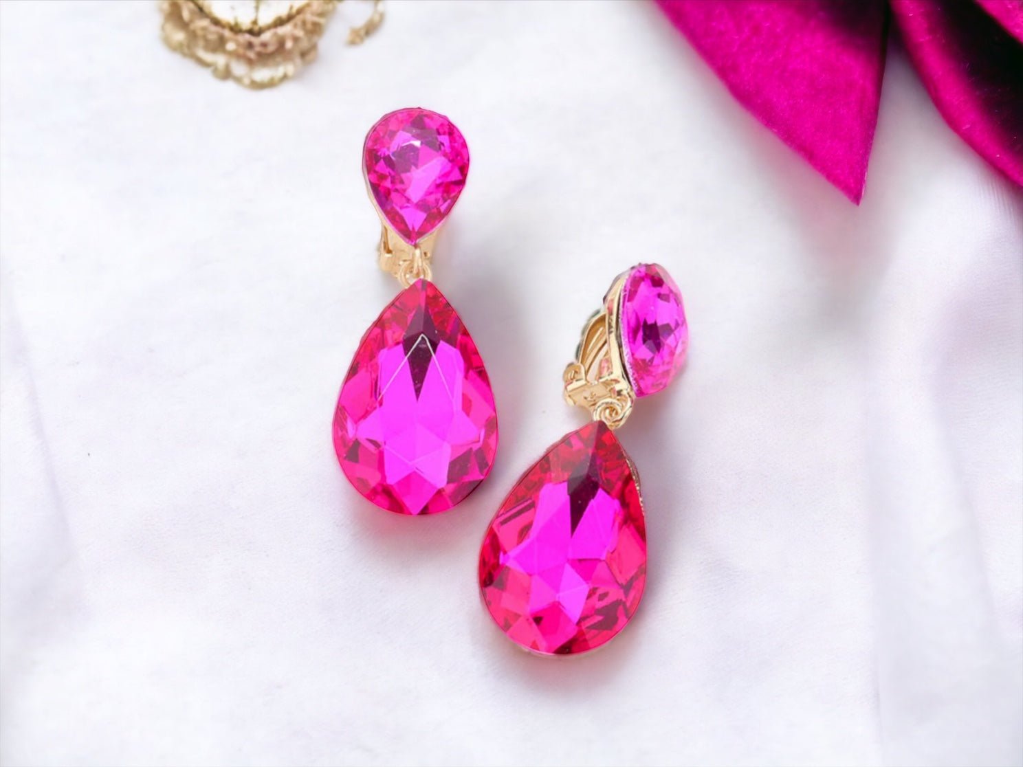 Fuchsia/Hot Pink Crystal Teardrop Earrings - Reed House of Jewels