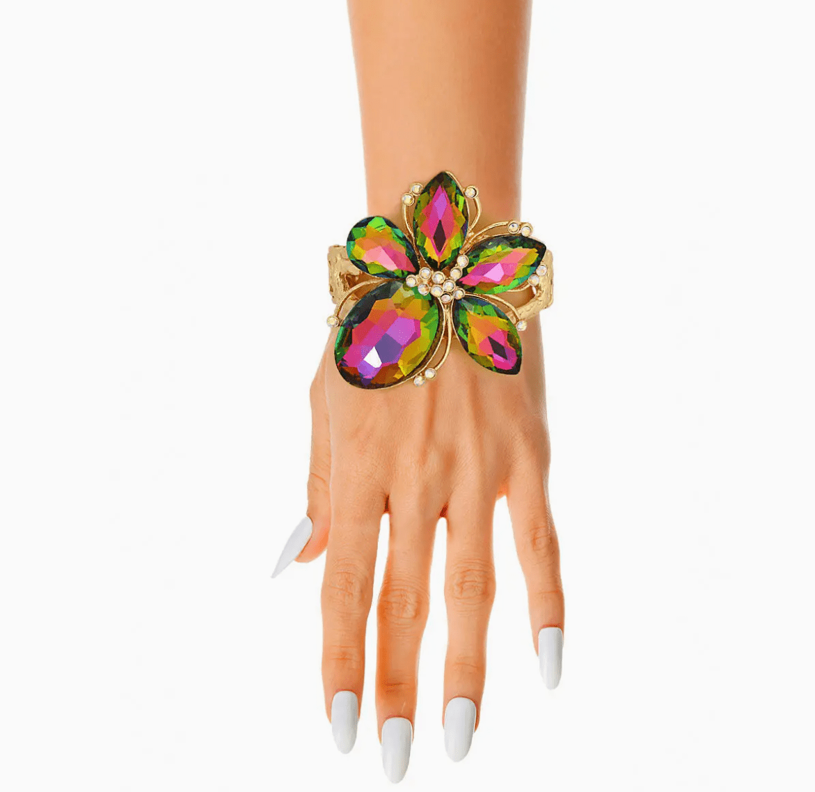 Pink and Green Crystal Flower Hinged Cuff - Reed House of Jewels