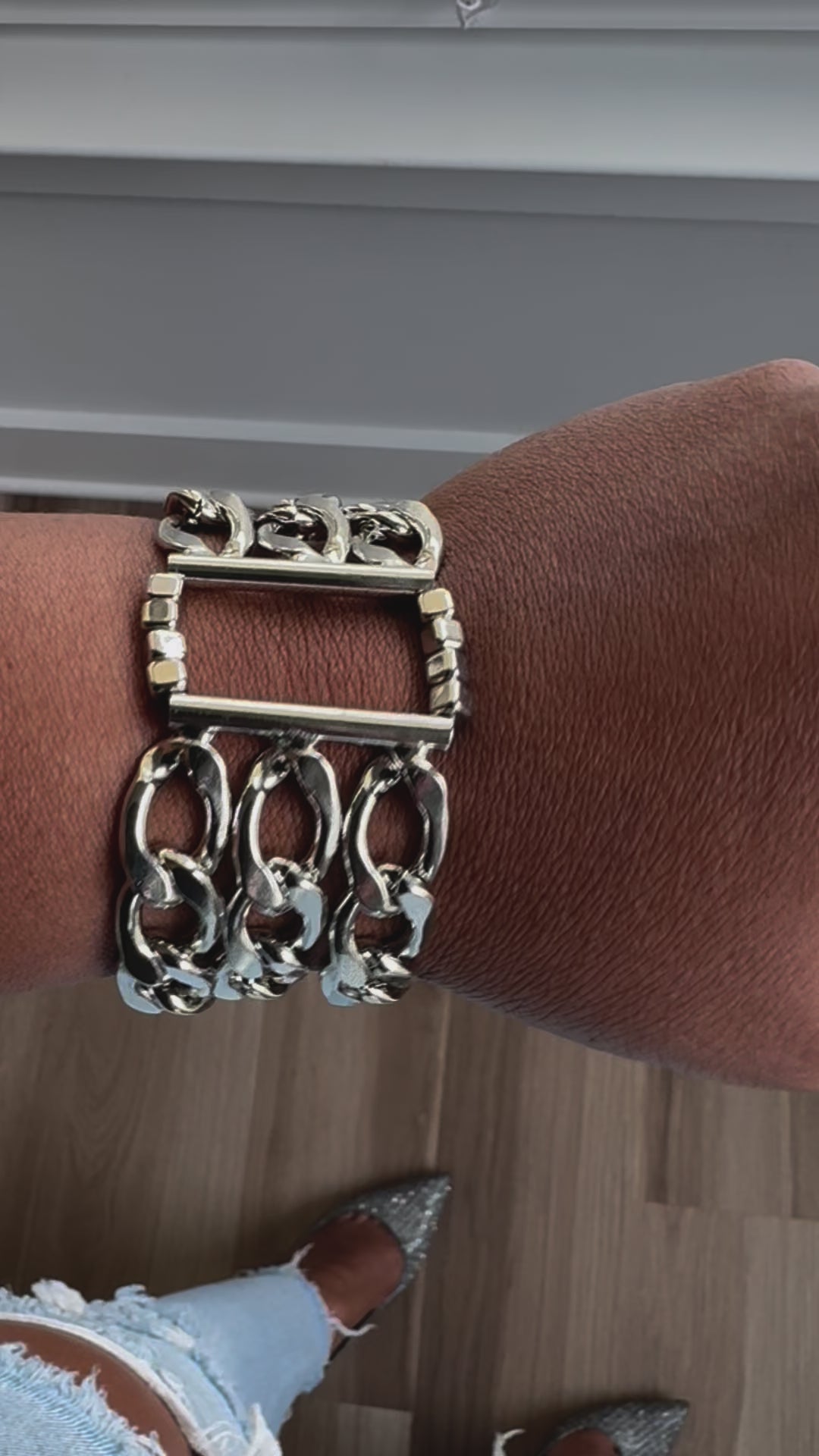 Three Cuban Chain Silver Tone Bracelet-Chunky