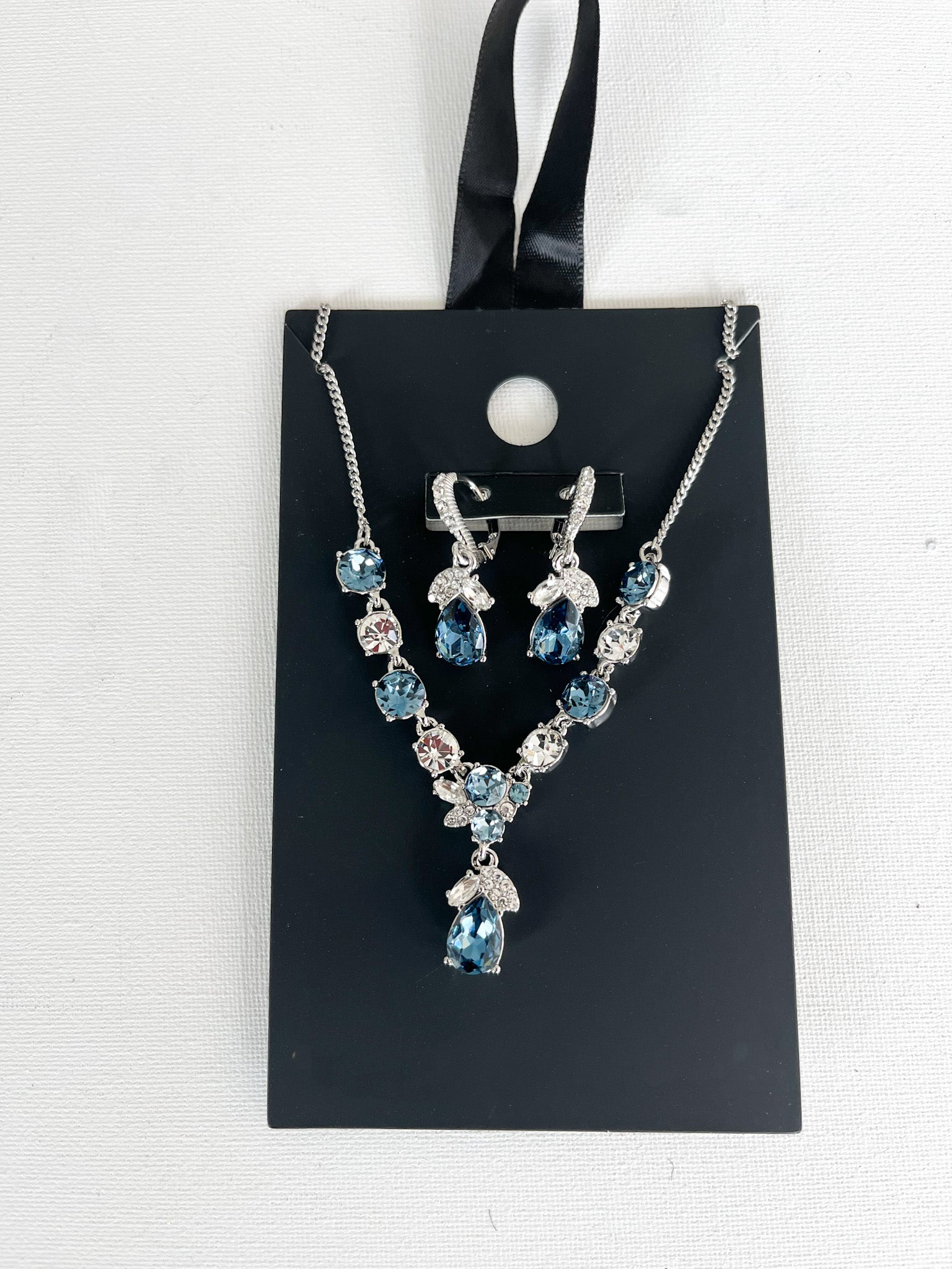 Silver Tone Blue Stone and Crystal Statement Necklace & Matching Drop Earrings 2 - Piece Set - Reed House of Jewels
