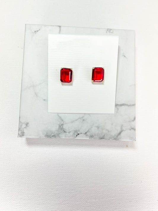 Gold - Tone Red Stone Square Stud Earrings - Reed House of Jewels