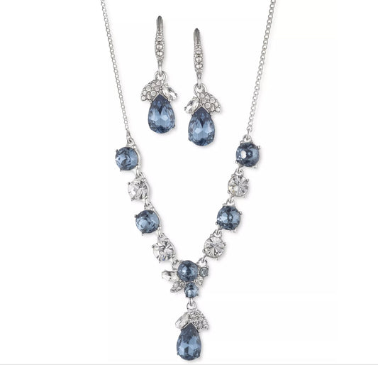 Silver Tone Blue Stone and Crystal Statement Necklace & Matching Drop Earrings 2 - Piece Set - Reed House of Jewels