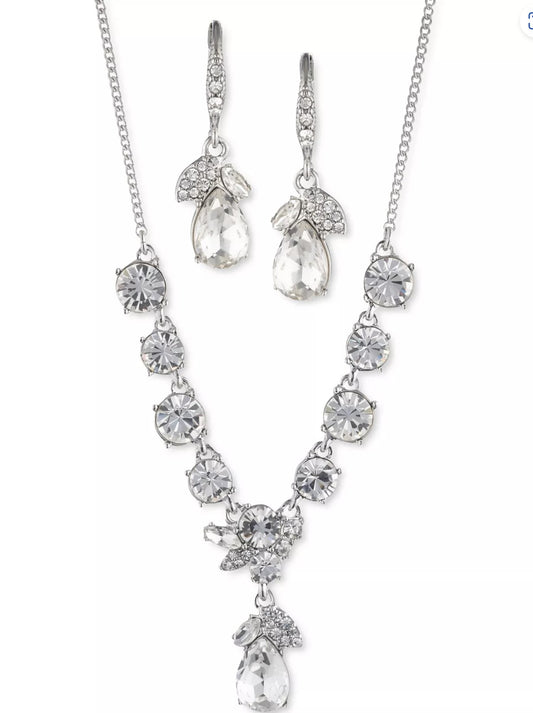 Silver Tone Crystal Statement Necklace & Matching Drop Earrings 2 - Piece Set - Reed House of Jewels