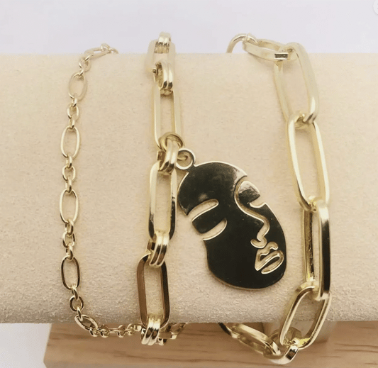 Tri-Layers Face Charm Women Gold Plated Bracelet