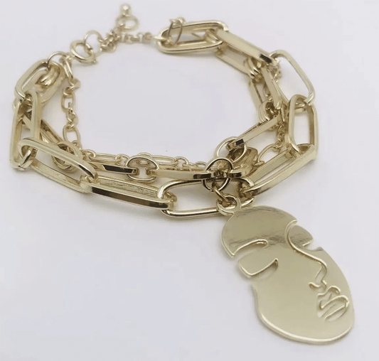 Tri-Layers Face Charm Women Gold Plated Bracelet