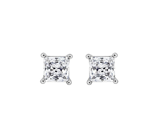 Solitaire Princess CZ Stud Rhodium plated Sterling Silver Earrings